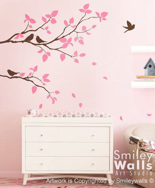 Two Spring Branches and Birds - Kids Nursery Vinyl Wall Decal Sticker Room Decor