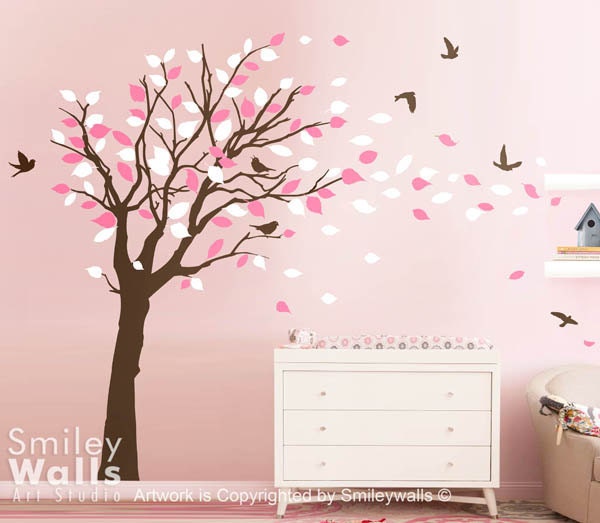 Tree with Birds and leaves blowing in the Wind - EXTRA LARGE SIZE Nursery Vinyl Wall Decal Sticker