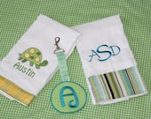 Personalized Set of Two Embroidered and Monogrammed Burp Cloths and  Bag Tag
