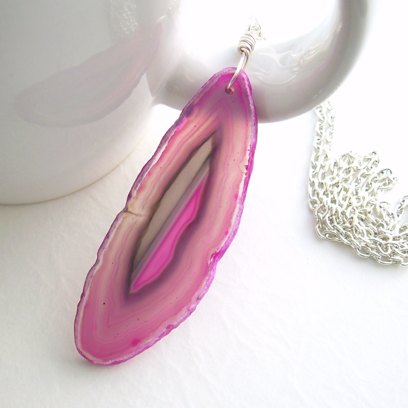 Rose Agate Slice Necklace, Pink Jewelry, Gray Stone Pendant