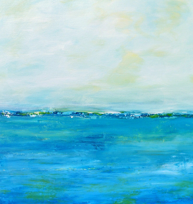 Original Abstract Landscape Seascape Beach Abstract Painting - 18x18 - Turquoise and Olive Tree Green Abstract Art by Marie