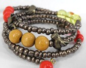 Earthy Orange and Gold Brass Bird Coiled Bracelet Bangle