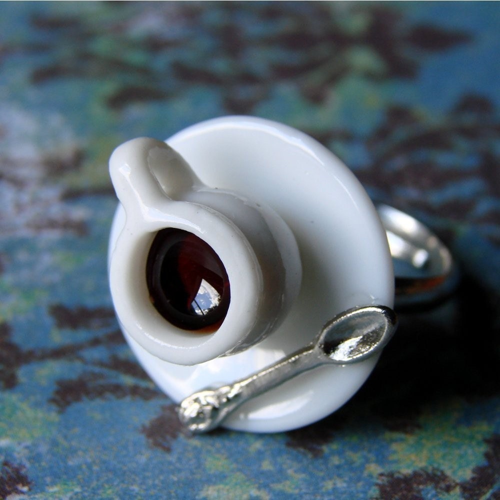 Miniature Tea Cup Adjustable Ring - Tiny Little Spot of Coffee (or tea, if you prefer)