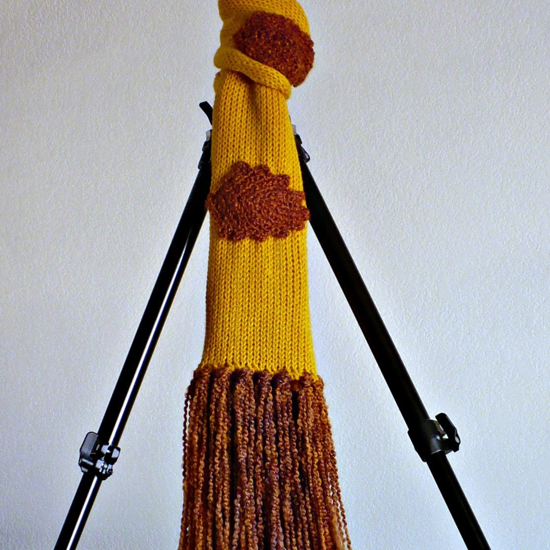 Knit Scarf Irish Crochet Applique Falling Leaves Golden Yellow Firey Fringe
