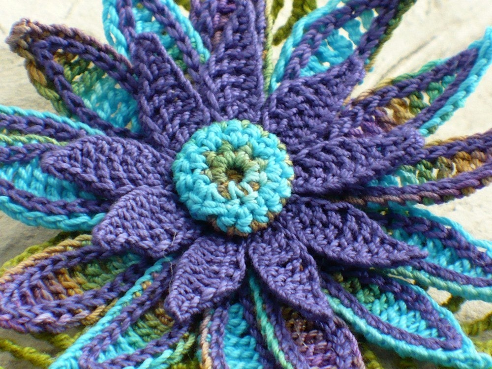 Crochet Brooch Fiber Brooch Irish Crochet Pin Daisy Peacock Purple Blue Olive Teal