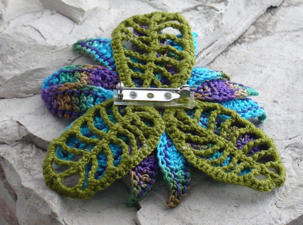 Crochet Brooch Fiber Brooch Irish Crochet Pin Daisy Peacock Purple Blue Olive Teal