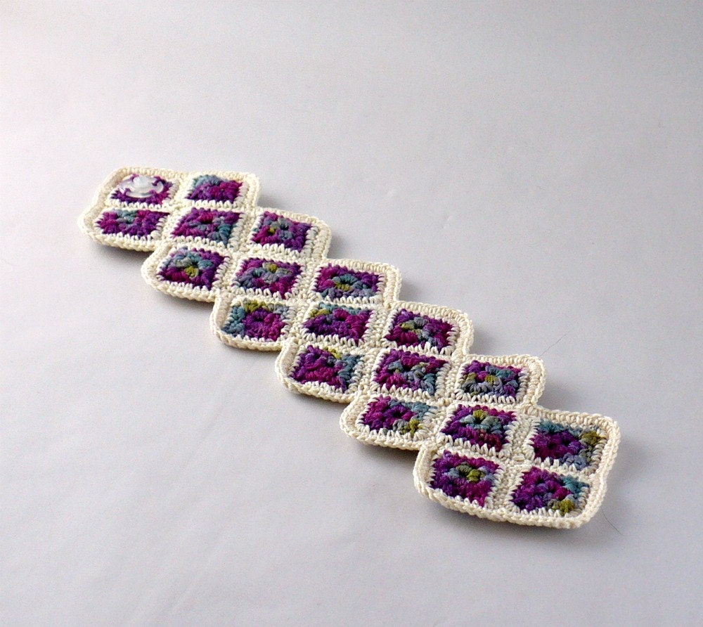 Crochet Granny Square Cuff Bracelet Blueberry Purple Indigo Ecru