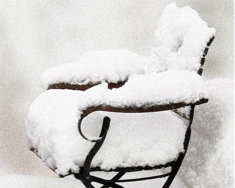 Snow on Garden Chairs. White Winter Cushions For a  Cool Lounge. Wicker Chair, Teak & Black Iron. Soft Grays, Warm Naturals. Print 12x16