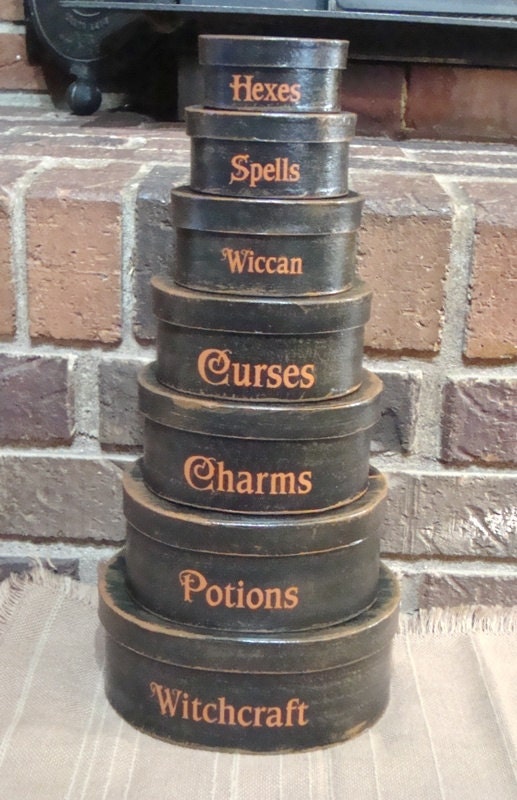 Primitive Halloween Oval 7 Pc. Shaker boxes Witchcraft, Spells, Wiccan, Curses Hp Black