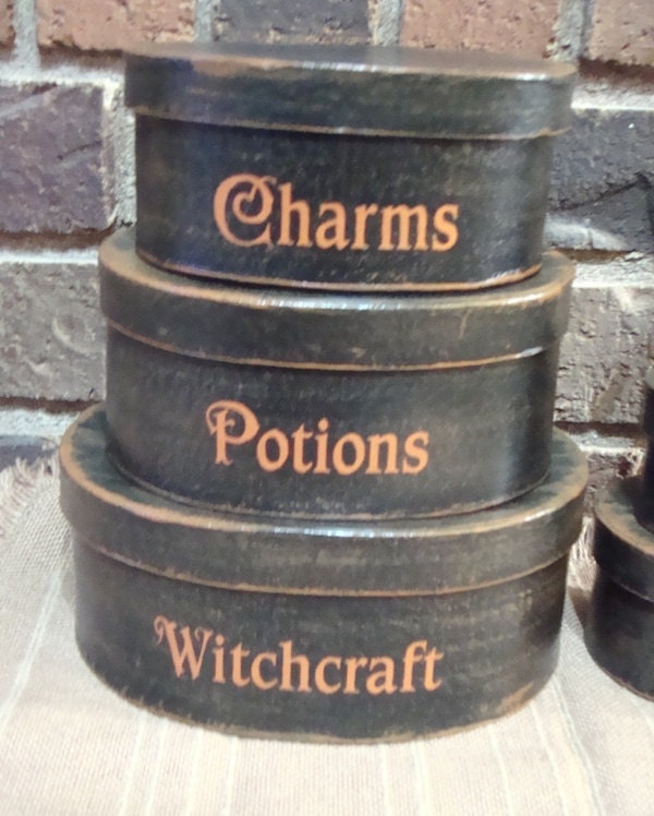 Primitive Halloween Oval 7 Pc. Shaker boxes Witchcraft, Spells, Wiccan, Curses Hp Black