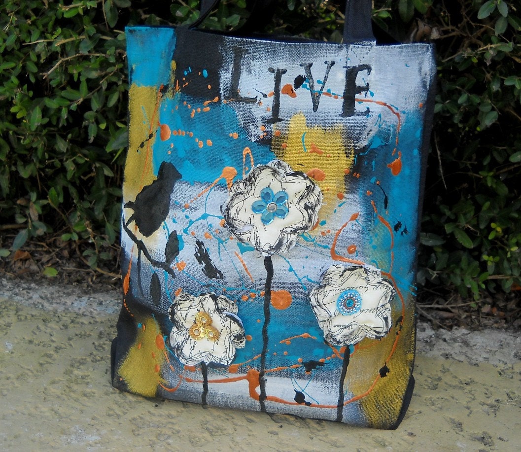Mixed Media Canvas Tote with Bird and Flowers