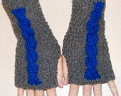 Grey and Blue Cable Knit Wrist Warmers / Fingerless Gloves