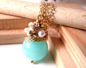 FREE shipping - NEW Organic - lovely necklace with chalcedony color jade and white fresh water pearls/Last necklace