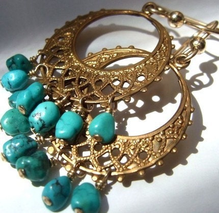 Chandelier earrings. Hoop earrings. Blue earrings. Turquoise earrings. Gold and turquoise. Filigree. Vintage. Lattice. GYPSY