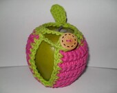 crocheted apple cozy or fruit cozy in hot pink and lime green with leaf eco friendly