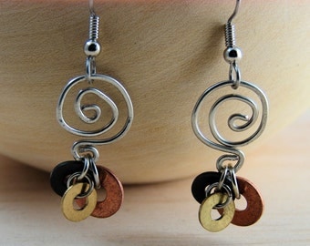 Wire Dangle Earring Mixed Metal Hardware Jewelry Handcrafted Swirl Design Industrial Washer Dangles