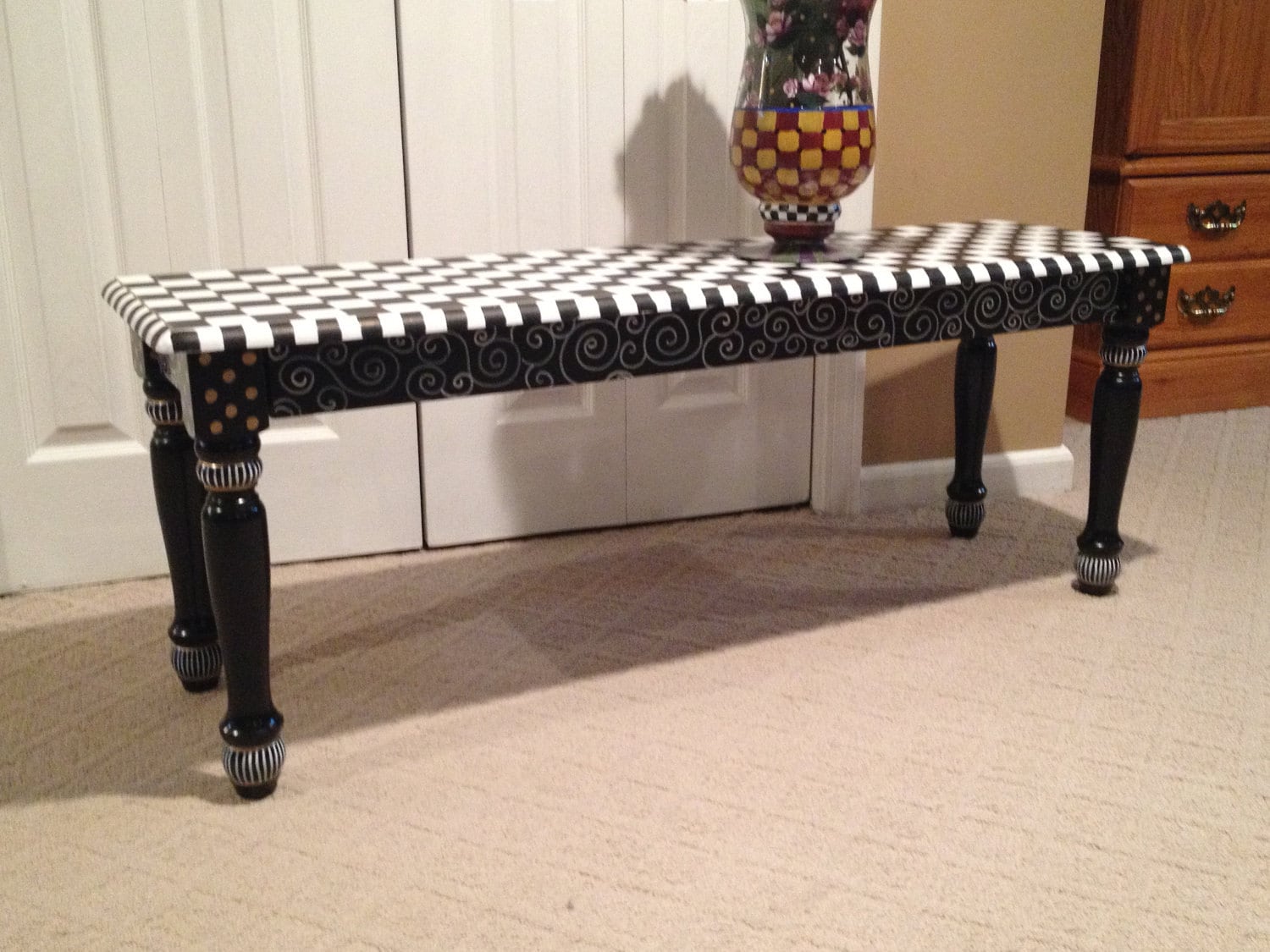 Hand Painted Black and White Farmhouse Bench