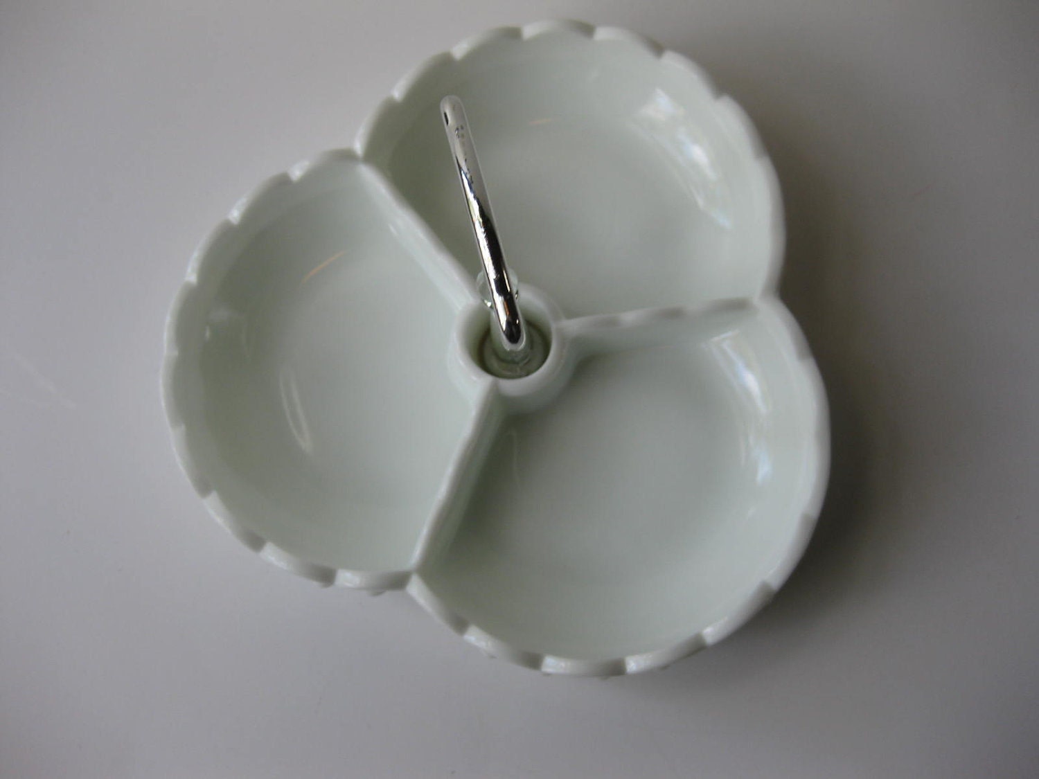 Vintage Fenton Milk Glass Hobnail Chrome Handled Relish Dish