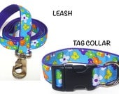 Buckle Tag Collar and Leash Matching Set PURPLE TROPICAL LUAU