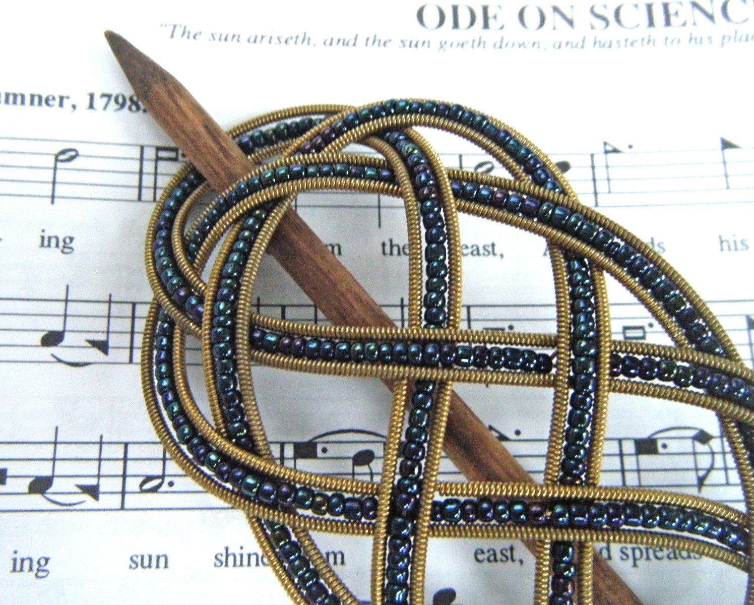 Navy and Gold beaded guitar string barrette medium