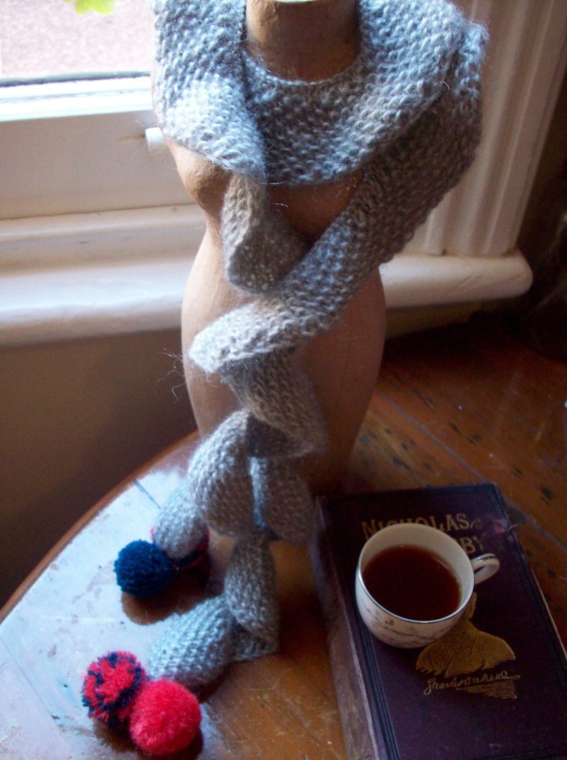 Columbine Pom-Pom Scarf - Grey with Teal and Coral