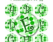 St. Patricks Day Green Polka dot Shamrock Bottle Cap Digital Images Set 1 Inch Circle Alphabet Alpha A-Z Images 4X6