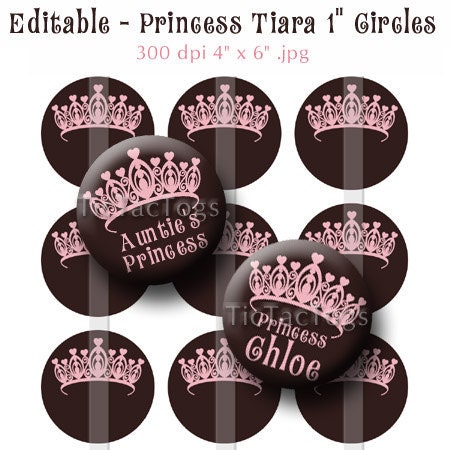 Editable - Princess Tiara Bottle Cap Digital Art Collage Set 1 Inch Circle Stickers Heart 4x6