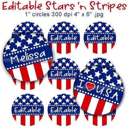 Editable - Stars 'n Stripes Bottle Cap Collage Digital Set 1 Inch Circle Patriotic 4th of July 4x6 JPEG