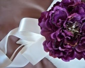 Ivory Shades of Dark Purple Ring Bearer Pillow Silk Peony Rose Flower Elegant Lush Double Sided Satin Ribbon Wedding