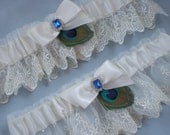 Ivory Bridal Lace Peacock Feather Royal Blue Rhinestone Accented Bridal Wedding Garter Set