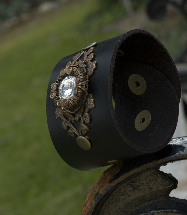 Black Leather and Swarovski Crystal Statement Cuff