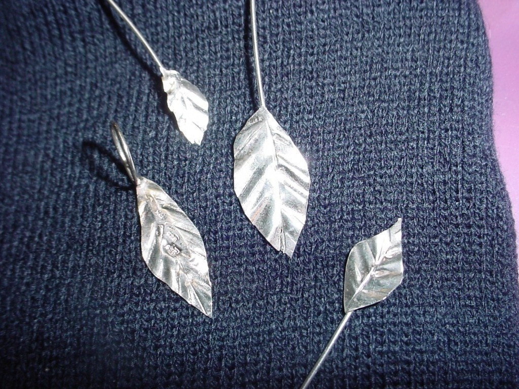 Leaf with stem - 1 finding, charm or large Aanraku type Bail - handmade of eco friendly solid .925 sterling silver - unique