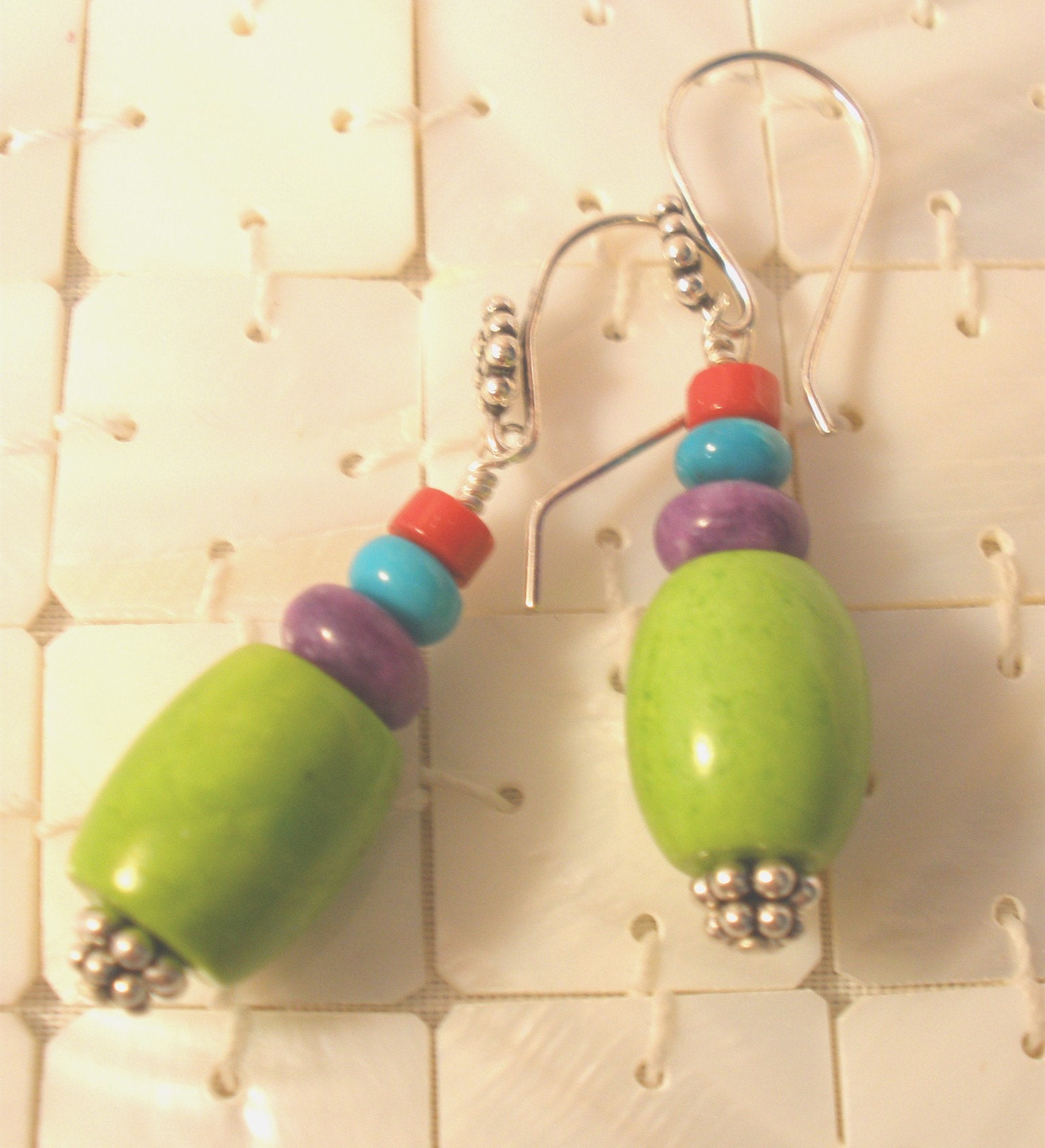 Multicolored Turquoise and Coral Stack Earrings on Bali Sterling Silver, Gemstone Jewelry, Turquoise Jewelry, Southwestern, Pop of Color