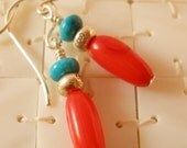 Red Bamboo Coral and Blue Turquoise Earrings on Sterling Silver, Hill Tribe Silver, Southwestern Jewelry, Turquoise Jewelry, Stack Earrings