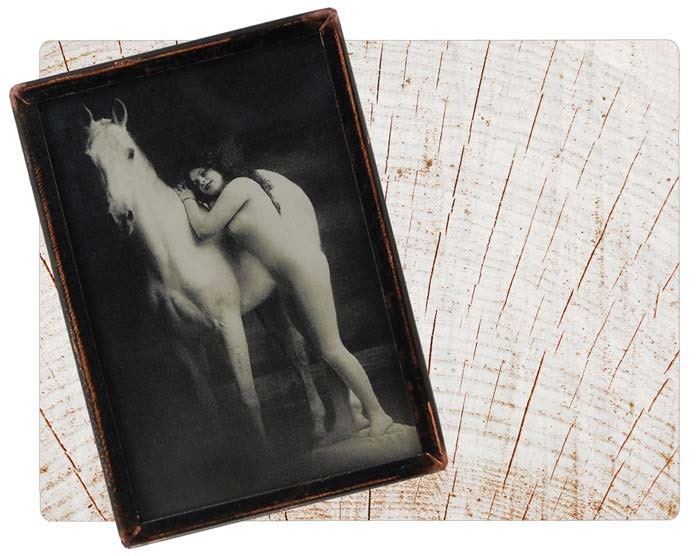 Handmade Copper Mirror / Pocket Mirror / Purse Mirror /  Nude Girl with White Horse 1800s photograhpy