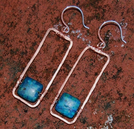 Hammered Copper Earrings Green Blue Azurite Natural Stone Hoop Frame Sterling Silver Earwires Mixed Metal