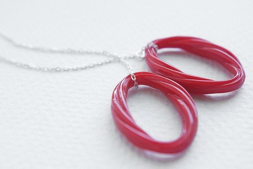 Valentine Red Hoop dangle earrings - vintage Lucite oval red cherry twists sterling silver earrings