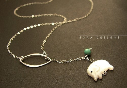 Elephant necklace - sterling silver elephant lariat, white elephant necklace, tiny elephant charm necklace