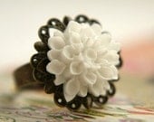 White Gardenia Ring -linen white flower ring, antique brass filigree ring summer white floral jewelry