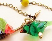 Bird and Branch Necklace - lampwork glass bird necklace spring blue bird flower garden necklace
