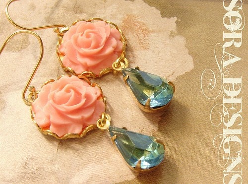 Bridesmaid jewelry, Pink rose bridal earrings, vintage aqua seafoam rhinestone earrings, bridal jewelry wedding earrings