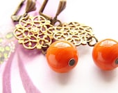 Tangerine Orange glass earrings, vintage style earrings, statement jewelry set