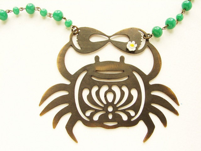 Crab Necklace statement jewelry statement metal crab silhouette with vintage daisy, vintage green glass long necklace