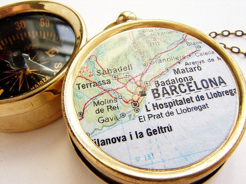 Map Compass Personalized Necklace - Barcelona Spain Europe Map, custom choose your city - personalized travel anniversary gifts