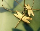 Gold dragonfly earrings, bronze golden small dragonfly long dangle earrings FREE SHIPPING SALE