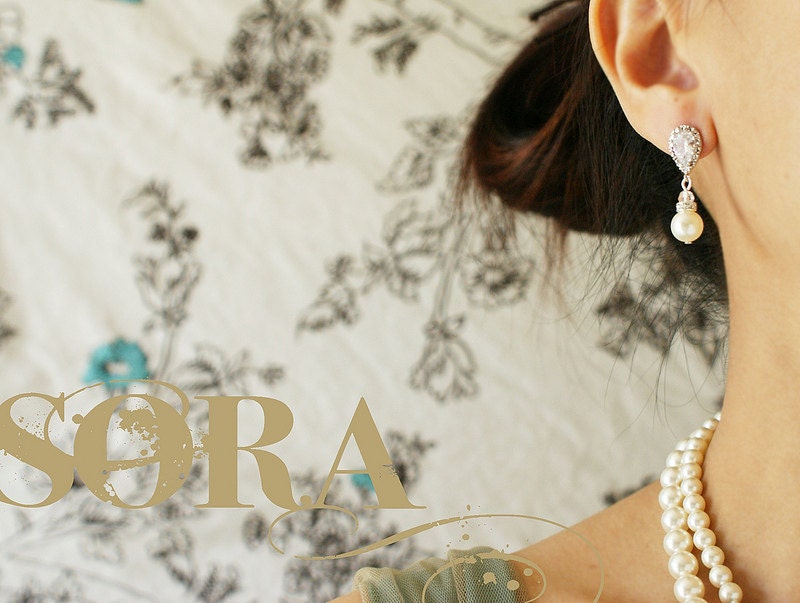 Bridal pearl dangle earrings teardrop Zirconia diamond like stone rhinestone pearl wedding jewelry