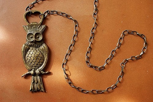 Bronze Owl Bottle Opener Necklace - owl necklace, bottle opener necklace, long owl necklace