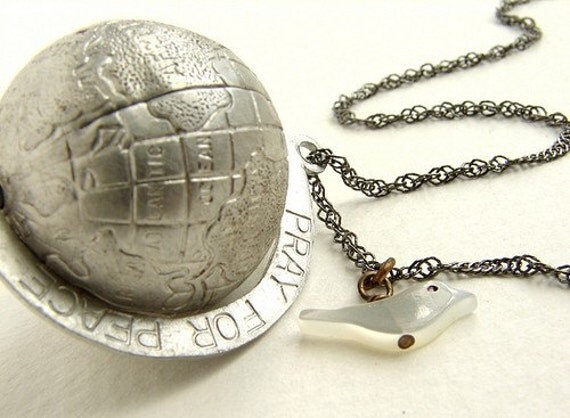 Vintage Globe Necklace, Earth and dove necklace, Peace Necklace, Vintage globe pendant, World Peace necklace