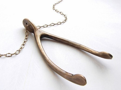 Wishbone Statement necklace, Big Wishbone Necklace, actual wishbone, life size brass wishbone long necklace
