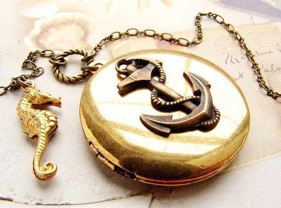 Anchor Locket Necklace, seahorse necklace - long anchor locket necklace nautical anchor seahorse necklace